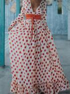 Choies Red Polka Dot V-neck Tie Waist Long Sleeve Chic Women Maxi Dress