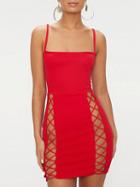 Choies Red Spaghetti Strap Lace Up Front Bodycon Mini Dress