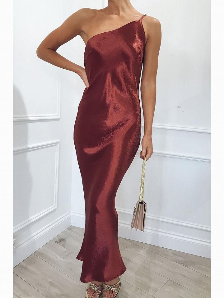 Choies Burgundy One Shoulder Ruffle Hem Bodycon Cami Maxi Dress