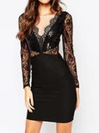 Choies Black Sequin Panel Lace Insert Long Sleeve Bodycon Dress