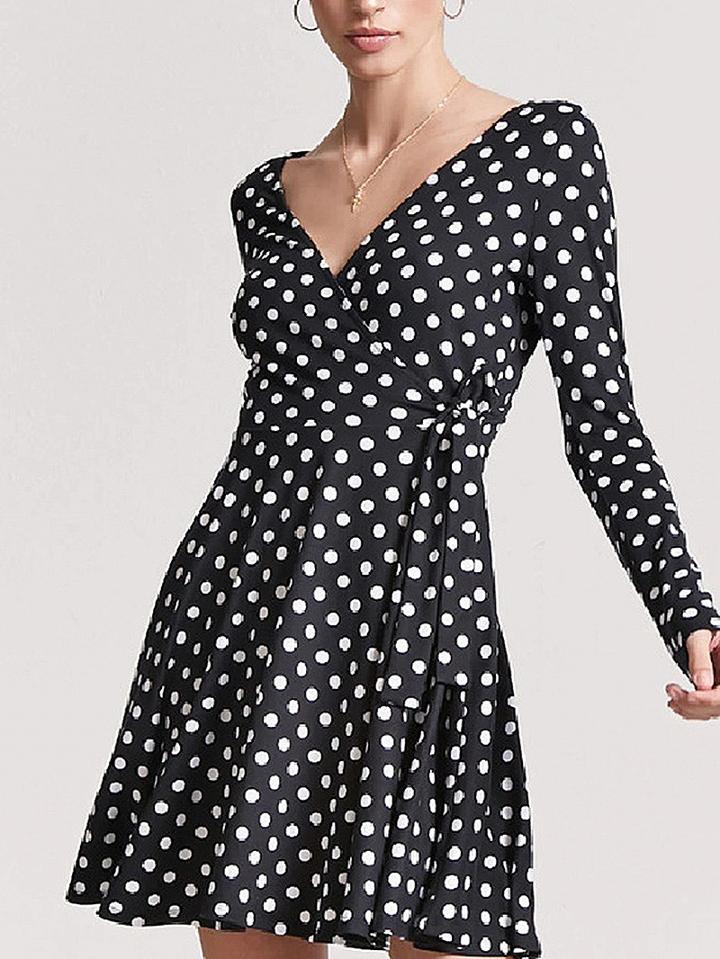 Choies Black V-neck Polka Dot Tie Waist Long Sleeve Mini Dress