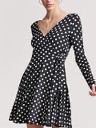 Choies Black V-neck Polka Dot Tie Waist Long Sleeve Mini Dress