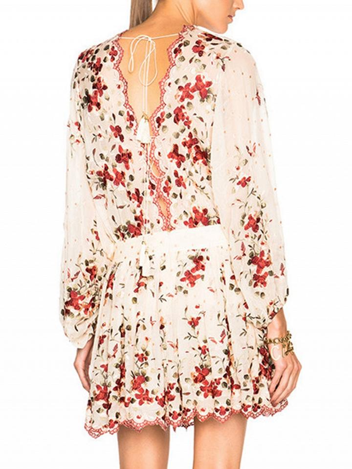 Choies Polychrome Floral Open Back Long Sleeve Mini Dress