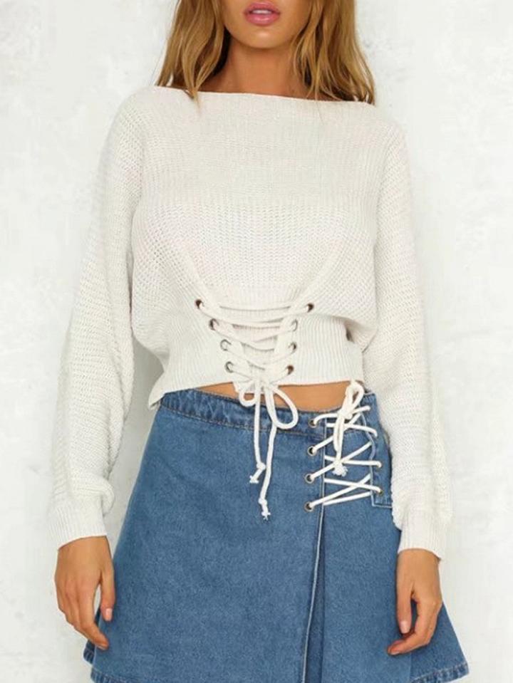 Choies White Lace-up Corset Front Rib Knit Sweater