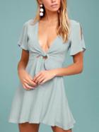 Choies Light Blue Plunge Tie Front Flare Sleeve Mini Dress