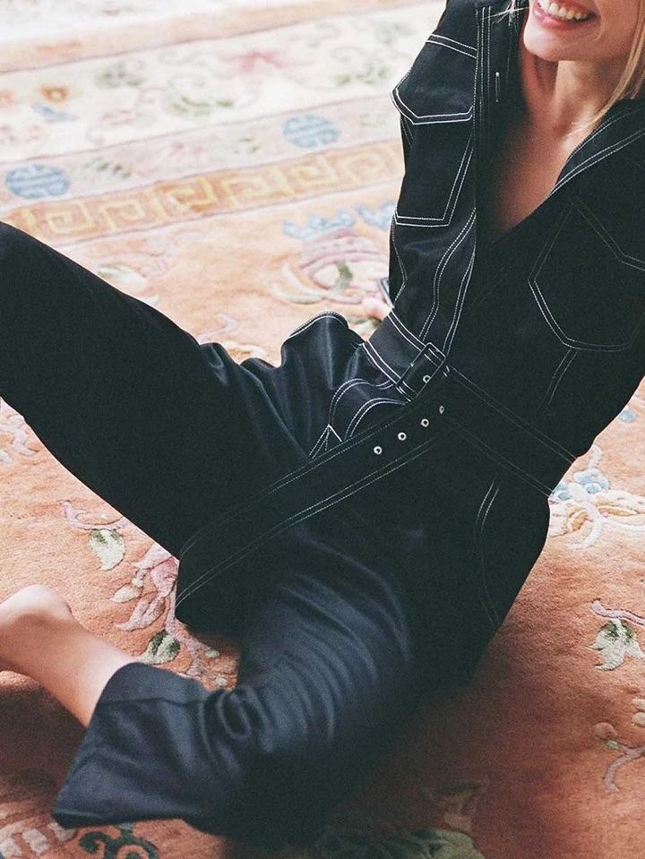 Choies Black Lapel Button Placket Front Long Sleeve Denim Jumpsuit