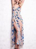 Choies Polychrome V-neck Floral Strap Backless Side Split Maxi Beach Dress