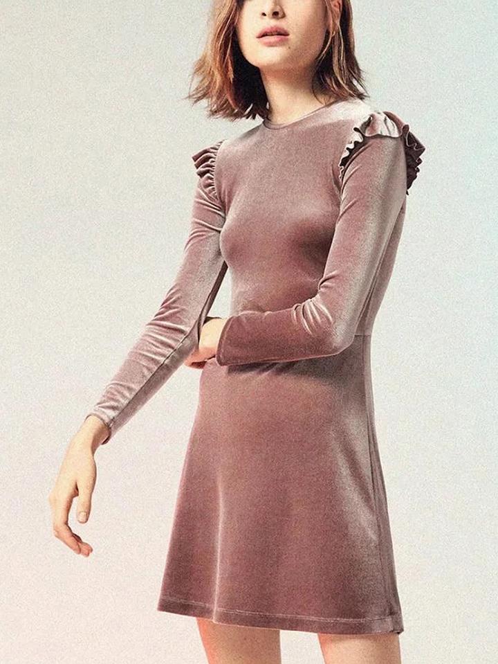 Choies Purple Velvet Ruffle Detail Long Sleeve Mini Dress