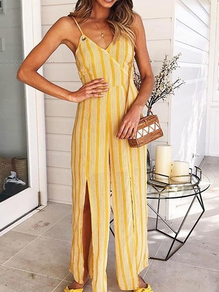 Choies Yellow Stripe Spaghetti Strap V-neck Open Back Chic Women Jumpsuit