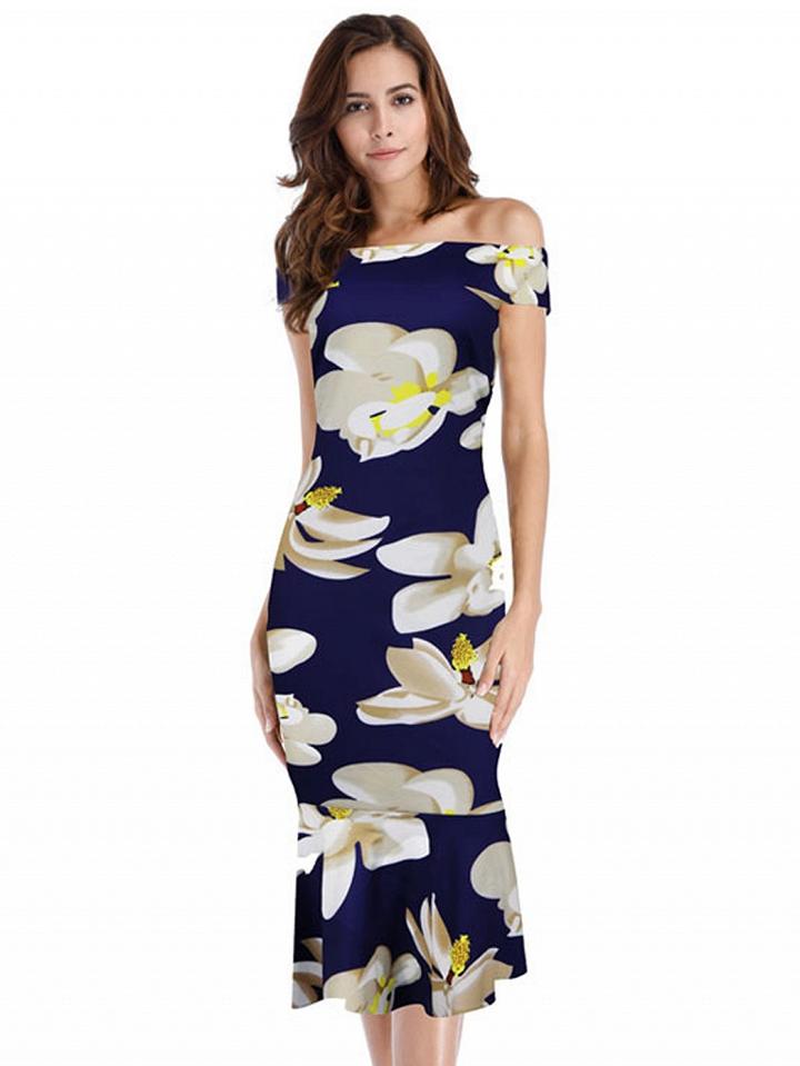 Choies Blue Off Shoulder Floral Print Midi Dress