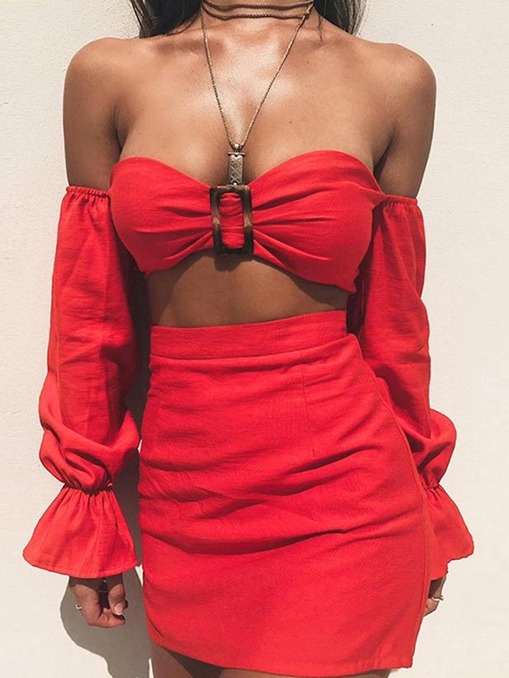 Choies Red Bandeau Long Sleeve Chic Women Crop Top And Mini Skirt
