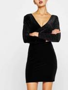 Choies Black V-neck Velvet Panel Open Back Long Sleeve Bodycon Dress