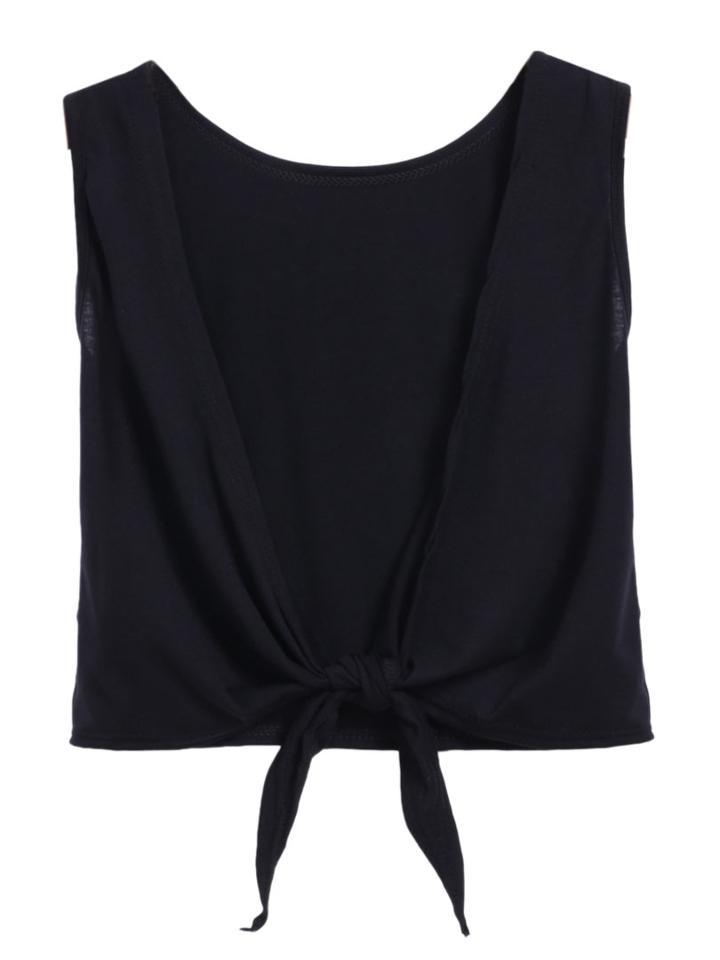 Choies Black Plunge Neck Tie Hem Crop Top