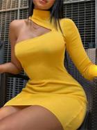 Choies Yellow Velvet High Neck One Shoulder Long Sleeve Bodycon Mini Dress