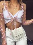 Choies Pink Plunge Floral Embroidery Chic Women Sheer Mesh Crop Blouse