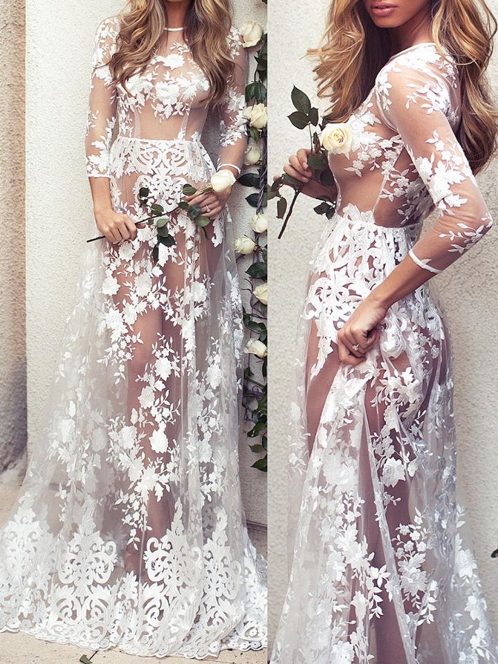 Choies White Sheer Mesh Lace Long Sleeve Maxi Dress