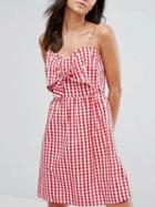 Choies Red Plaid V-neck Knot Front Stretch Back Spaghetti Strap Dress