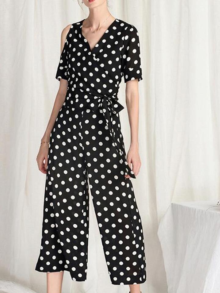 Choies Black Chiffon V-neck Polka Dot Chic Women Blouse And Wide Leg Pants