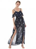 Choies Dark Blue Spaghetti Strap Thigh Split Print Detail Maxi Dress