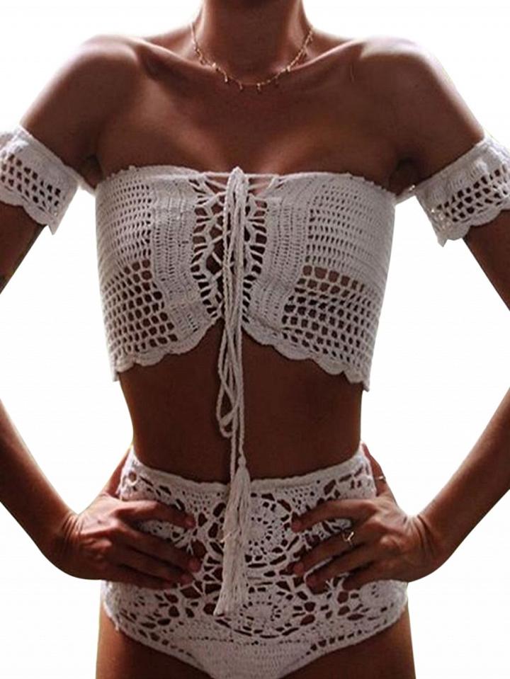 Choies White Off Shoulder Lace Up Crochet Bikini Top And Bottom
