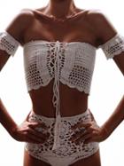 Choies White Off Shoulder Lace Up Crochet Bikini Top And Bottom