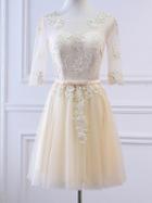 Choies Champagne Sheer Mesh Embroidery Lace Up Back Tulle Homecoming Dress