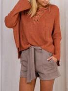 Choies Brown Plunge Lace Up Front Flared Sleeve Dipped Hem Knit Jumper