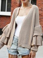 Choies Khaki Open Front Layered Ruffle Sleeve Chic Women Knit Cardigan