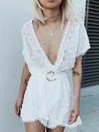 Choies White Chiffon Plunge Buckle Strap Waist Chic Women Mini Dress