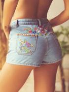Choies Blue Lightwash Embroidery Floral Denim Shorts