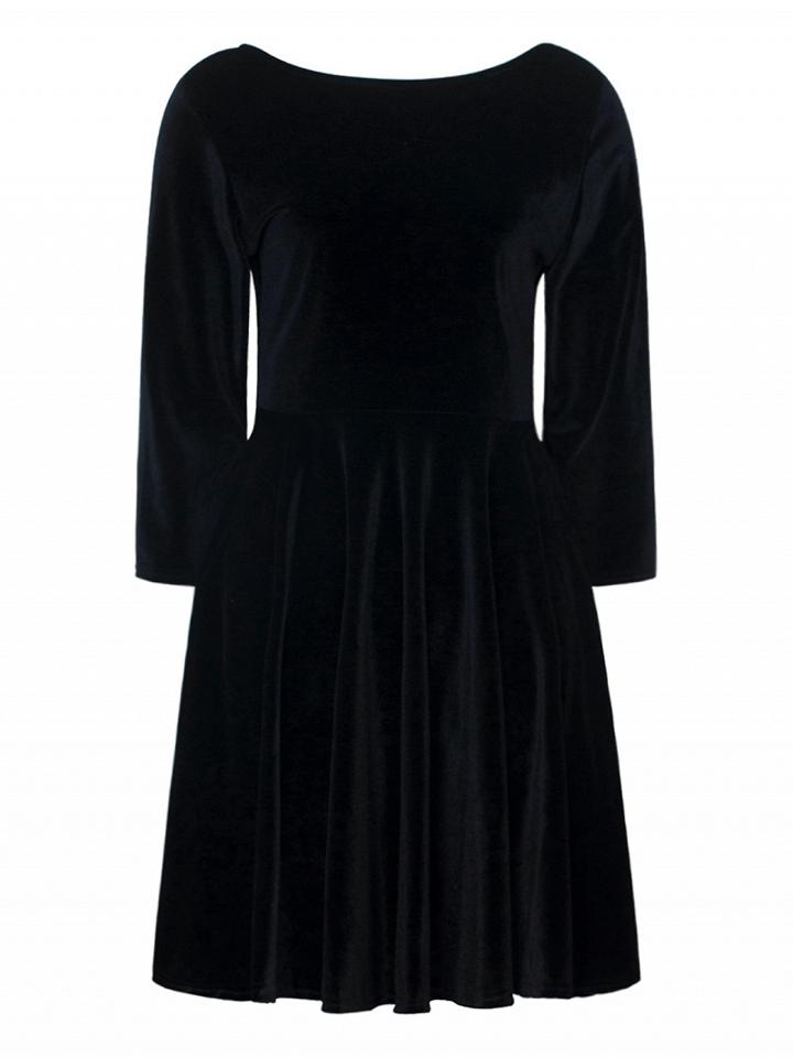 Choies Black Backless 3/4 Sleeve Velvet Skater Mini Dress
