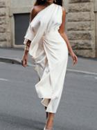 Choies White Satin Look Asymmetric Neck Thigh Split Side Maxi Dress