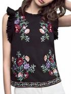 Choies Black Embroidery Floral Ruffle Detail Keyhole Back Blouse