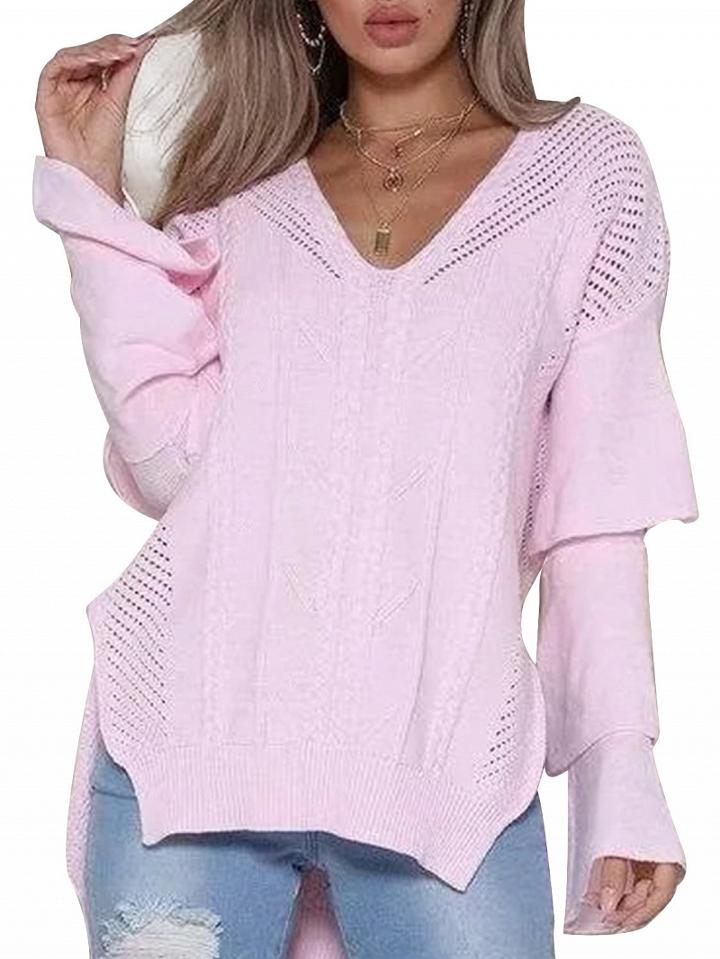 Choies Pink V-neck Layered Flare Sleeve Chic Women Knit Sweater