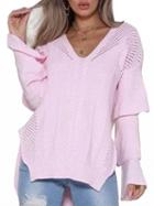 Choies Pink V-neck Layered Flare Sleeve Chic Women Knit Sweater