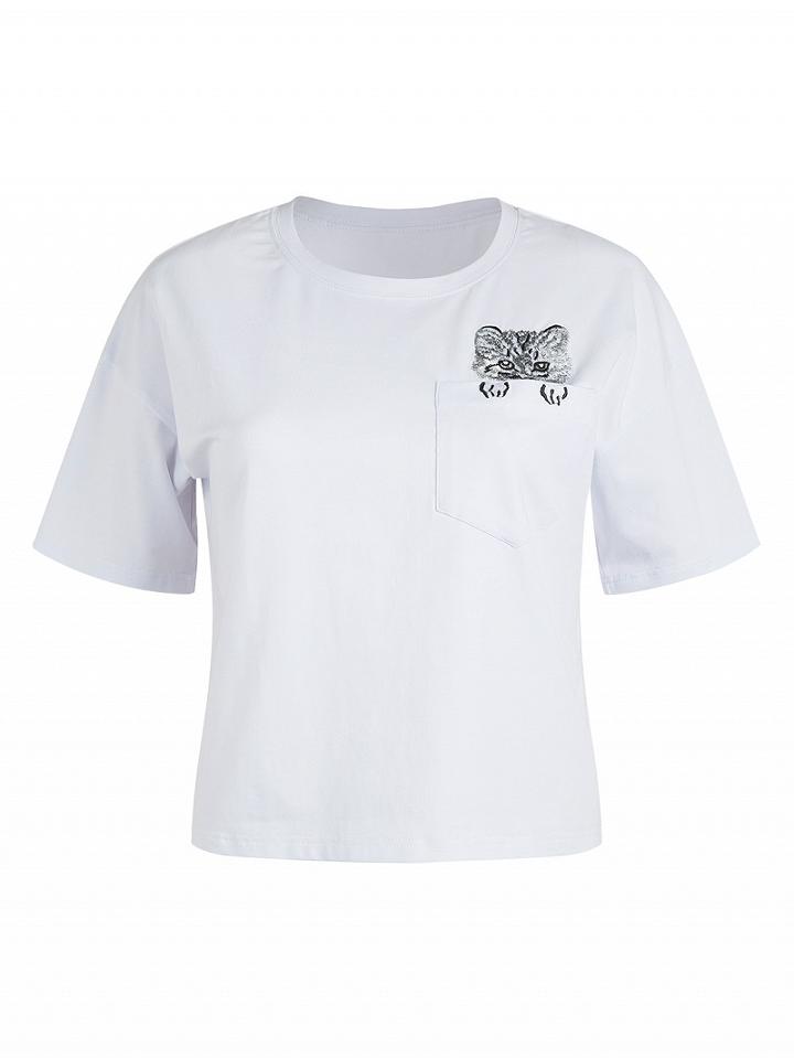 Choies White Cat Embroidery Pocket Short Sleeve T-shirt