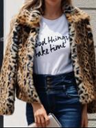 Choies Brown Faux Fur Leopard Print Long Sleeve Chic Women Coat