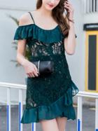 Choies Green Spaghetti Strap Ruffle Trim Lace Mini Dress