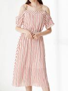 Choies Red Stripe Cold Shoulder Frill Cami Midi Dress