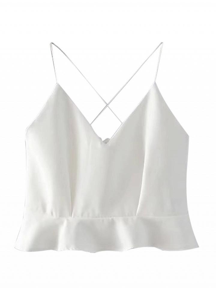 Choies White V Neck Cross Back Ruffle Hem Cami Crop Top