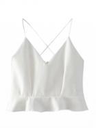 Choies White V Neck Cross Back Ruffle Hem Cami Crop Top