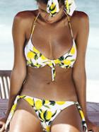 Choies White Halter Lemon Print Women Bikini Top And High Waist Bottom