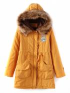 Choies Yellow Pocket Patch Detail Faux Fur Hooded Parka Coat