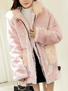 Choies Pink Faux Shearling Longline Hooded Coat