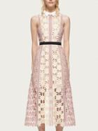 Choies Pink Pointed Collar Contrast Panel Floral Lace Midi Dress