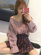 Choies Pink V-neck Cable Knit Sweater