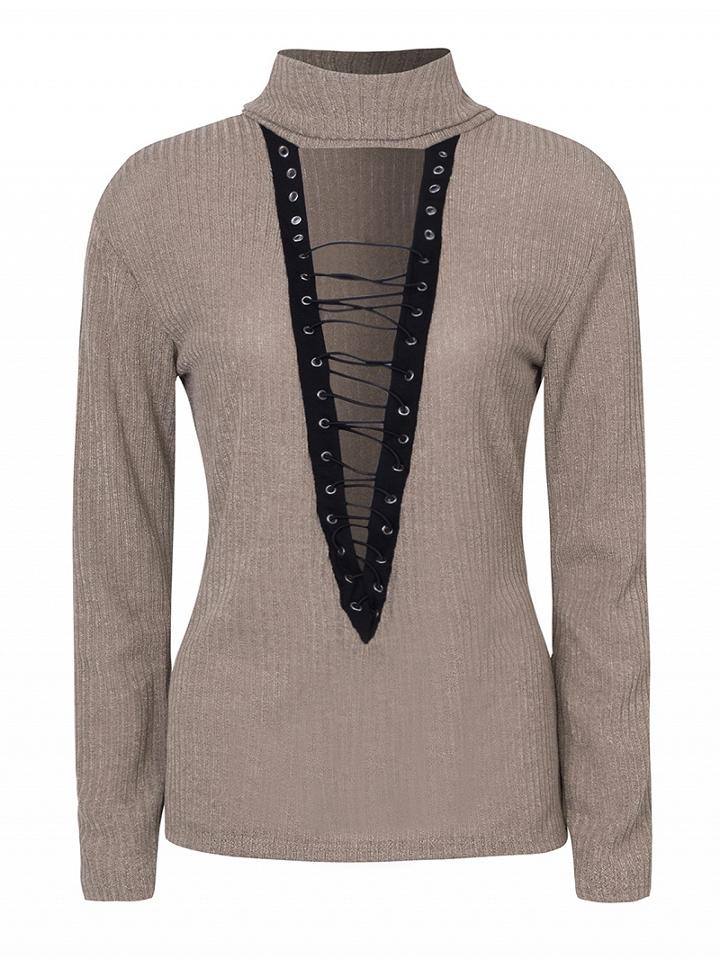 Choies Apricot Roll Neck Lace Up Front Rib Knitted Sweater