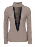 Choies Apricot Roll Neck Lace Up Front Rib Knitted Sweater