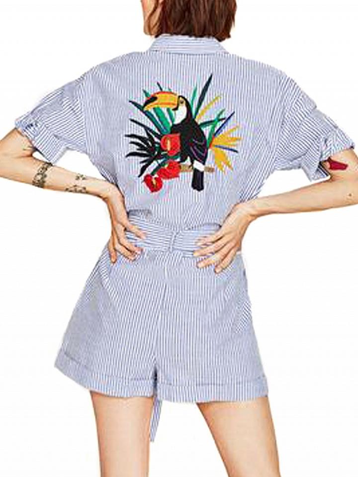 Choies Blue Stripe Embroidery Bird Back Pocket Tie Waist Romper Playsuit
