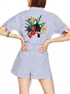 Choies Blue Stripe Embroidery Bird Back Pocket Tie Waist Romper Playsuit